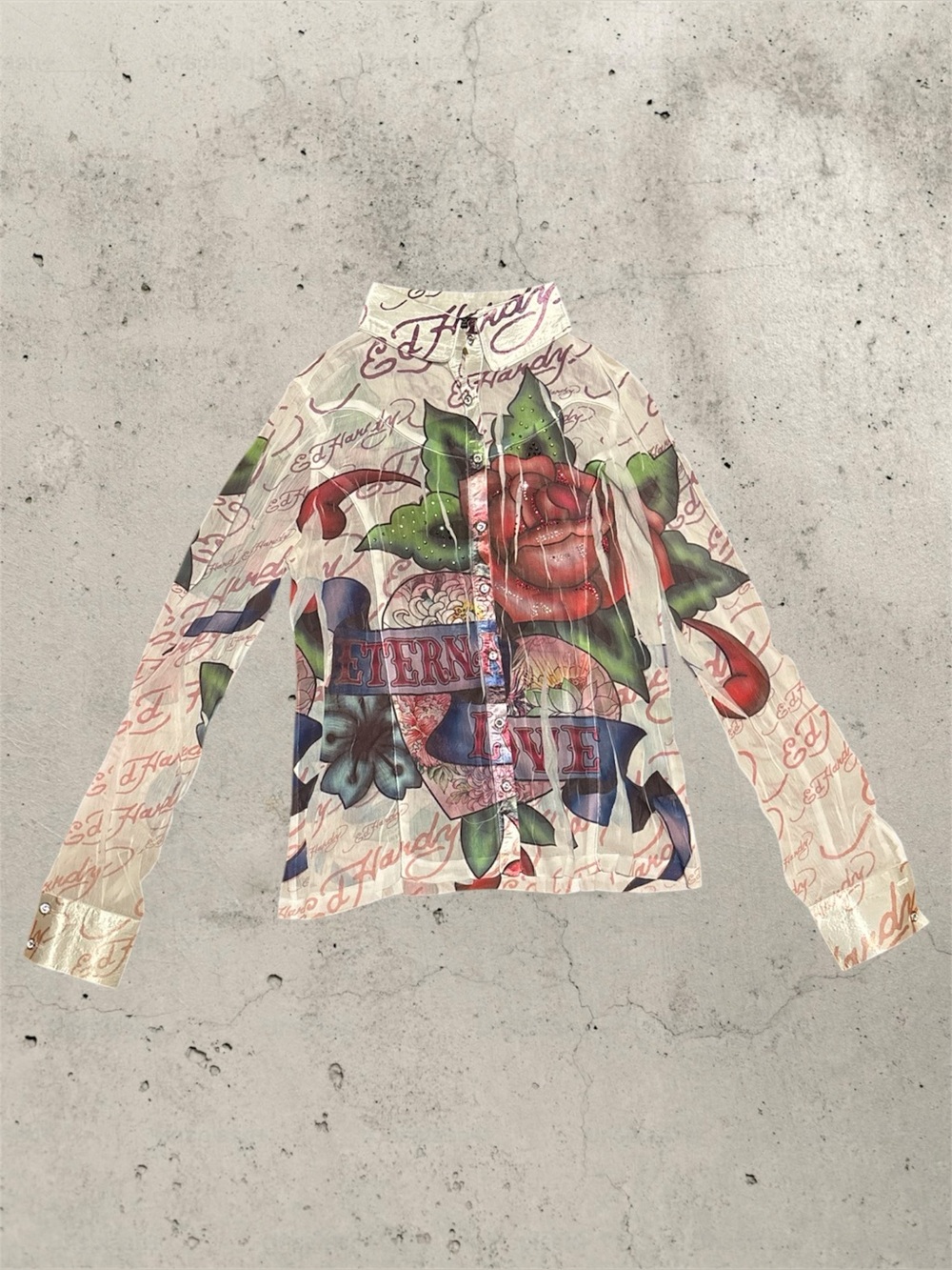 Vintage Ed Hardy by Christian Audigier Sheer Button Down Blouse